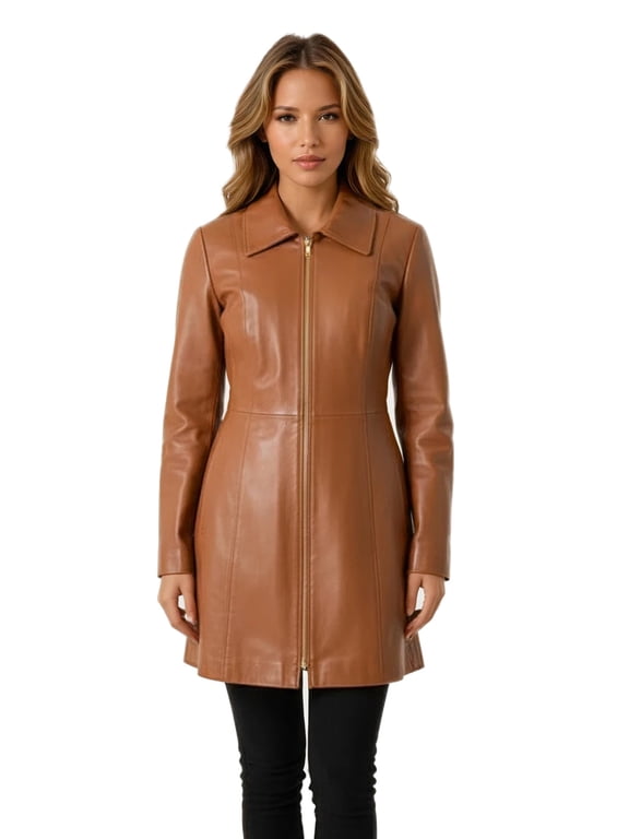 Women's Mid-length Leather Coat (Cognac, XXL)