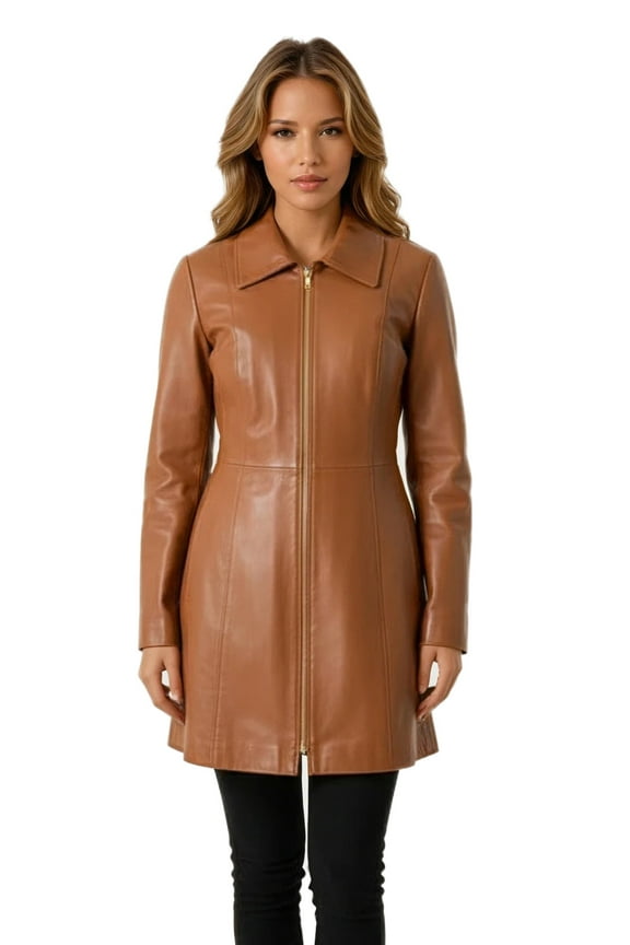 Women's Mid-length Leather Coat (Cognac, XXL)