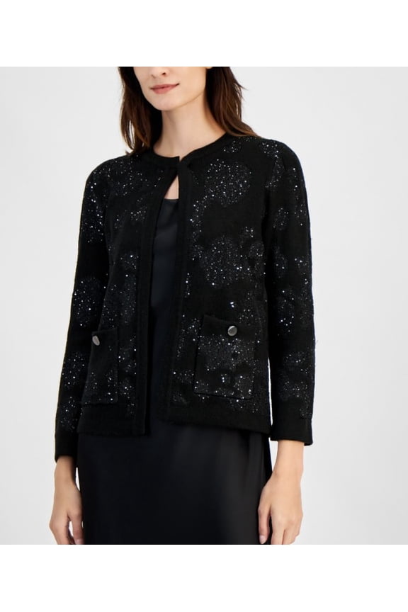Women's Open-Front Patch-Pocket Sequin Cardigan Black Size M