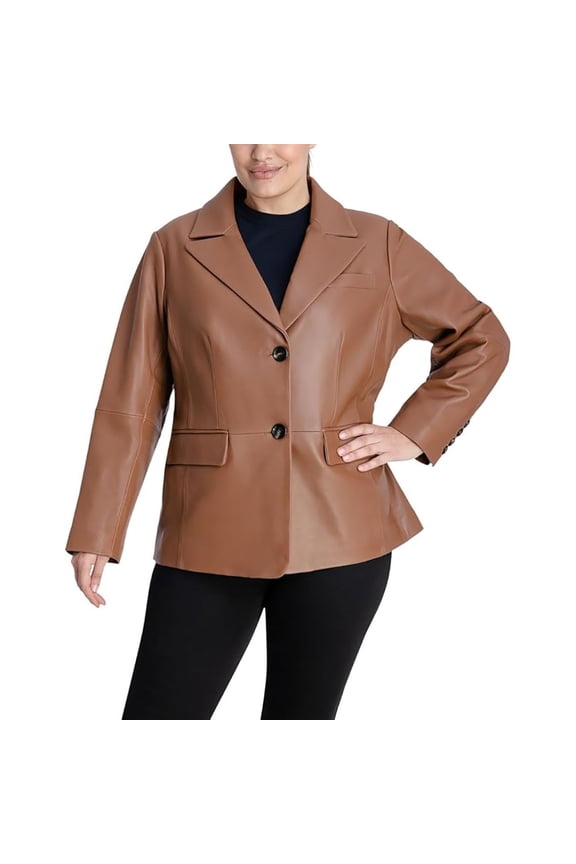 Women's Plus Size Leather Blazer Jacket (Luggage, 0X)
