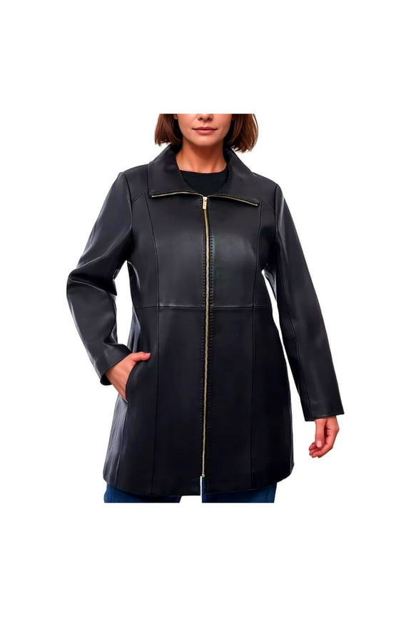 Women's Plus Size Mid-Length Genuine Leather Coat (Black, 1XPlus)