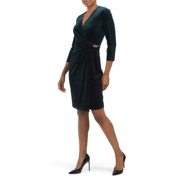 Anne Klein Women's Rhinestone Chain Buckle Classic Wrap Stretch Velvet Dress-Green / 14