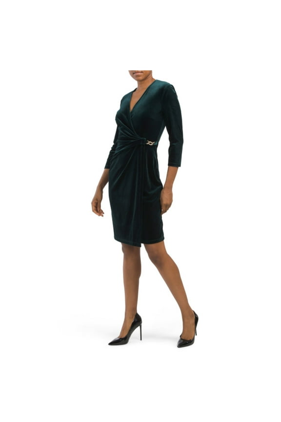 Women's Rhinestone Chain Buckle Classic Wrap Stretch Velvet Dress-Green / 16
