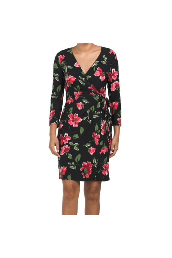 Women's Roses Floral Print Long Sleeve Wrap Mini Dress-Black / 12