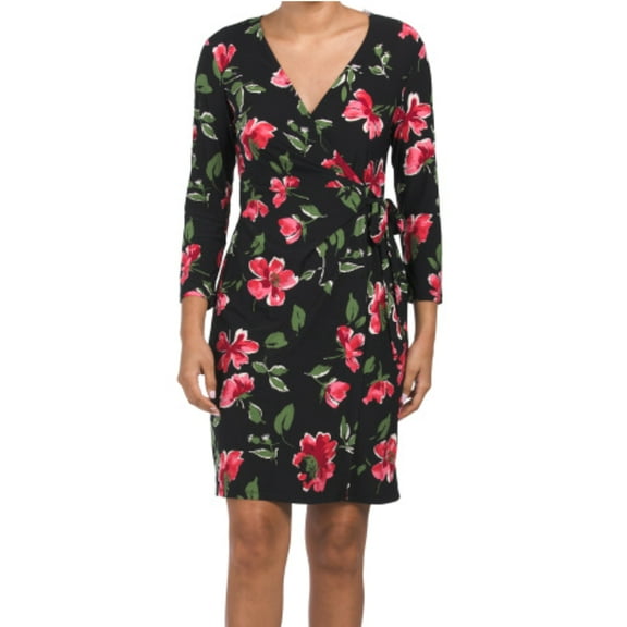 Anne Klein Women's Roses Floral Print Long Sleeve Wrap Mini Dress-Black / 8