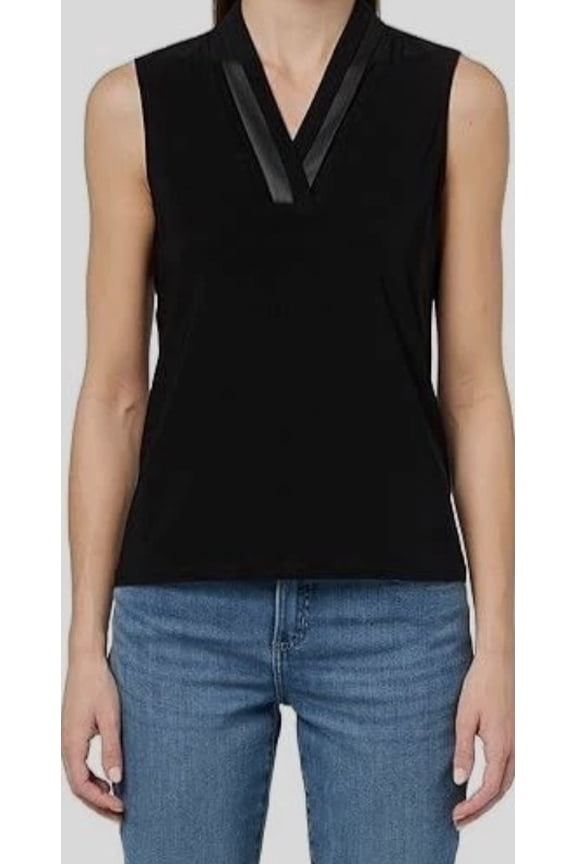 Women's Sleeveles V-Neck Triple Pleat Blouse Top Black Size S