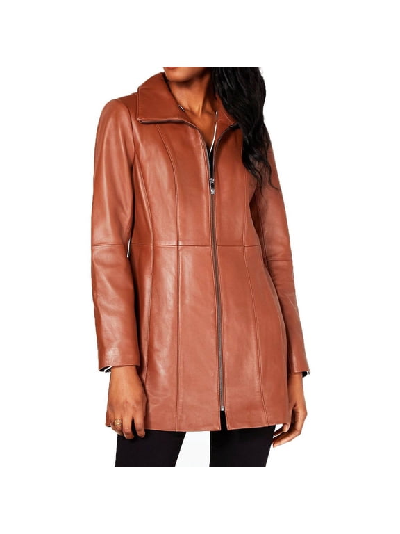Women's Stand-Collar Lamb Leather Walker Coat (Cognac, M)