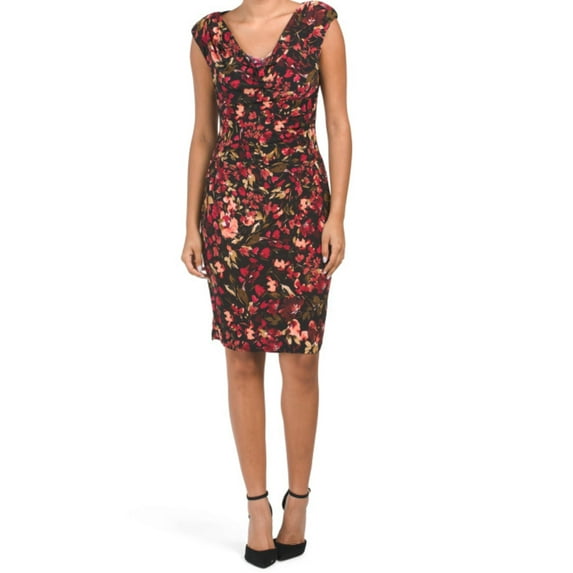 Anne Klein Women's Valerie Floral Print Cowl Neck Mini Dress-Black/Red / 6