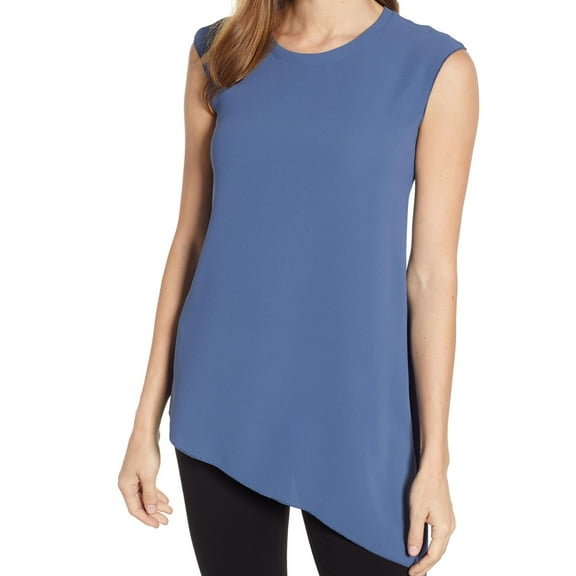 Anne Klein Womens Asymmetrical Hem Pullover Blouse, Blue, 2