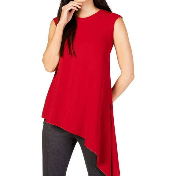 Anne Klein Womens Asymmetrical Hem Pullover Blouse, Red, 2
