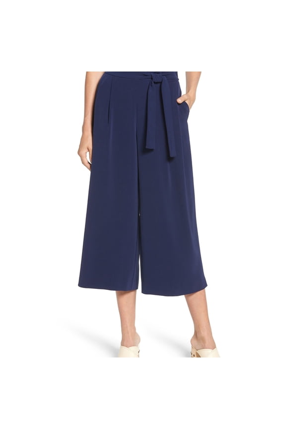 Womens Belted Cropped Casual Trouser Pants, Blue, Large