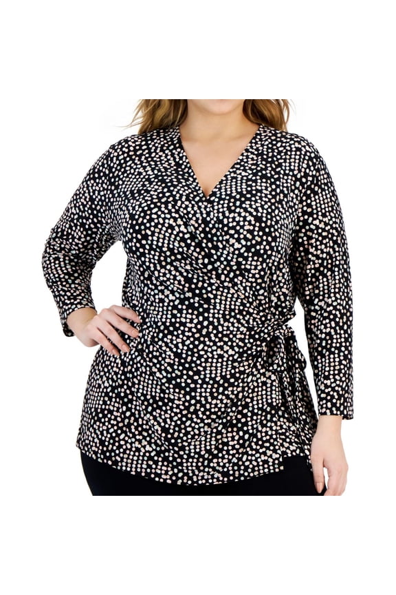 Womens Dot-Print Wrap Blouse, Multicoloured, Plus Size, 0X