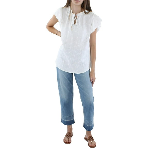 Anne Klein Womens Eyelet Ruffle-Collar Pullover Top Bright White L
