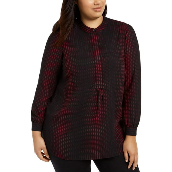 Anne Klein Womens Florentine Dot Printed Top Black 1X