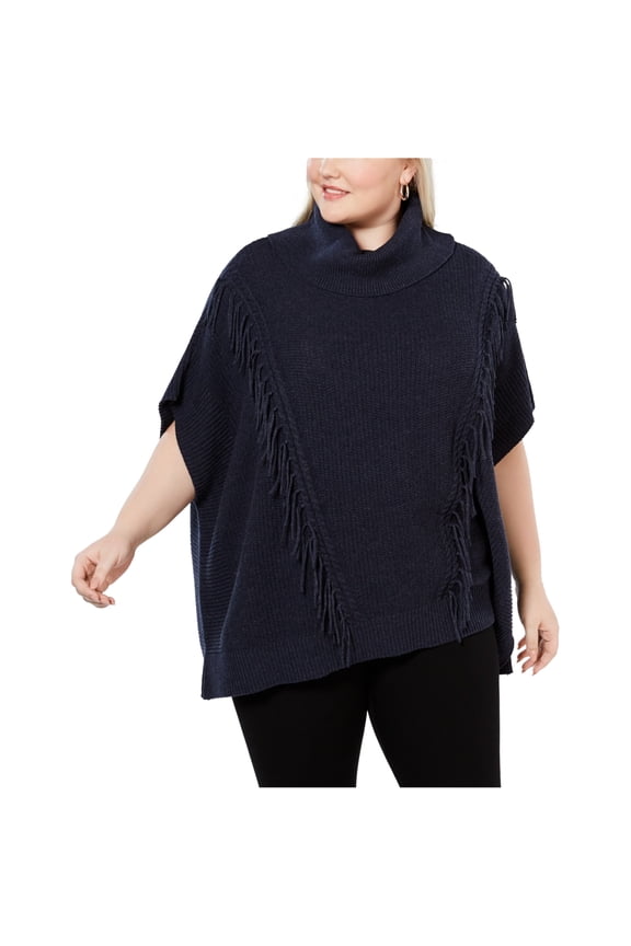 Womens Fringe Batwing Poncho Sweater, Blue, Plus Size, 3X