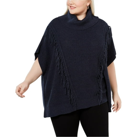 Anne Klein Womens Fringe Batwing Poncho Sweater, Blue, Plus Size, 3X