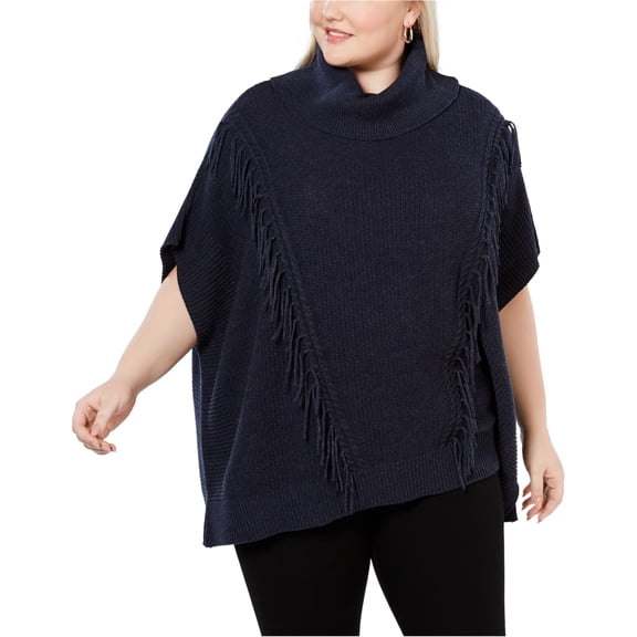 Anne Klein Womens Fringe Batwing Poncho Sweater, Blue, Plus Size, 3X