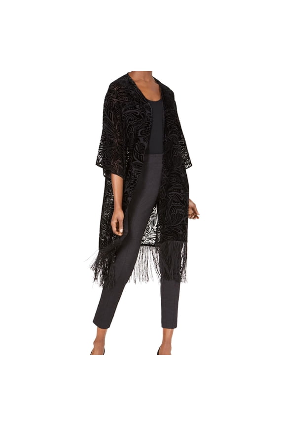 Womens Fringed Shawl Sweater, Black, Small