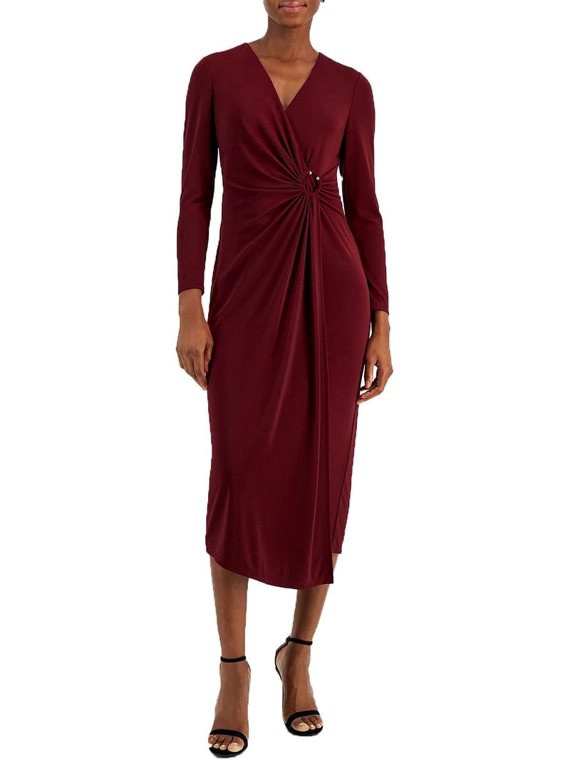 knee length dresses for ladies Anne Klein Multicolor Long Sleeve V Split Neck Geometric Shift Midi Dr –  Brie