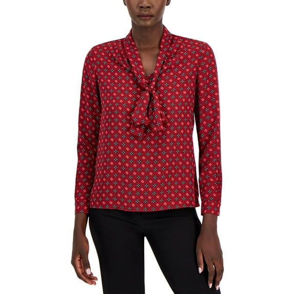 Anne Klein Womens Printed Satin Twill Tie Neck Blouse Titian Red Combo XS