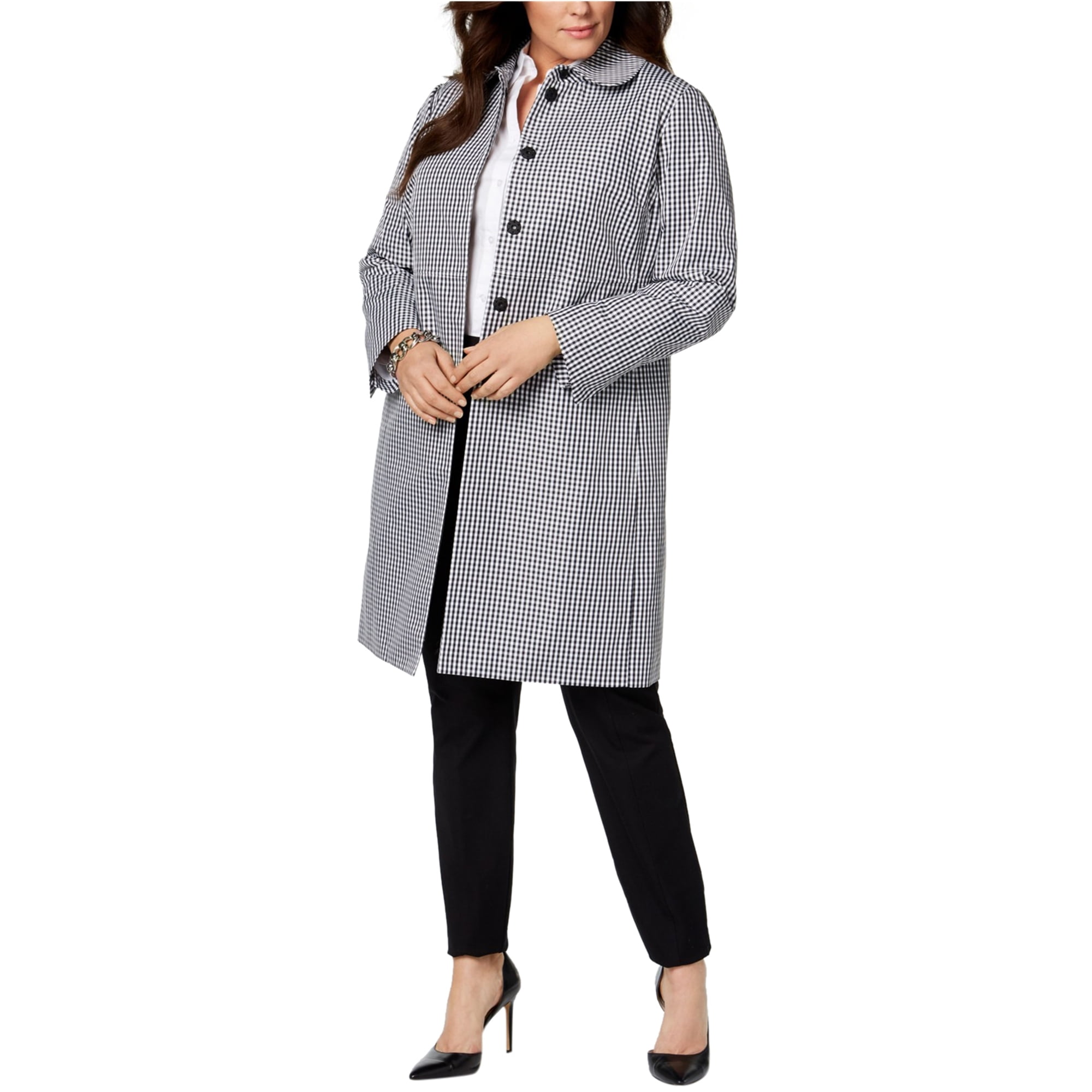 Anne Klein Womens Gingham Coat Black 16W