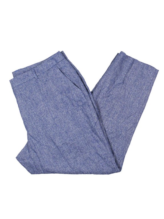 Linen-Blend Straight Ankle Pants Women 16 Blue Zip Hook & Bar Closure