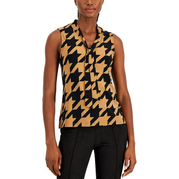 Anne Klein Womens Houndstooth Tie Neck Blouse