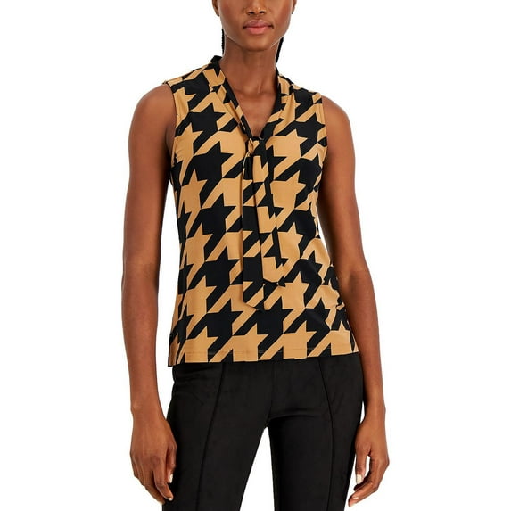 Anne Klein Womens Houndstooth Tie Neck Blouse