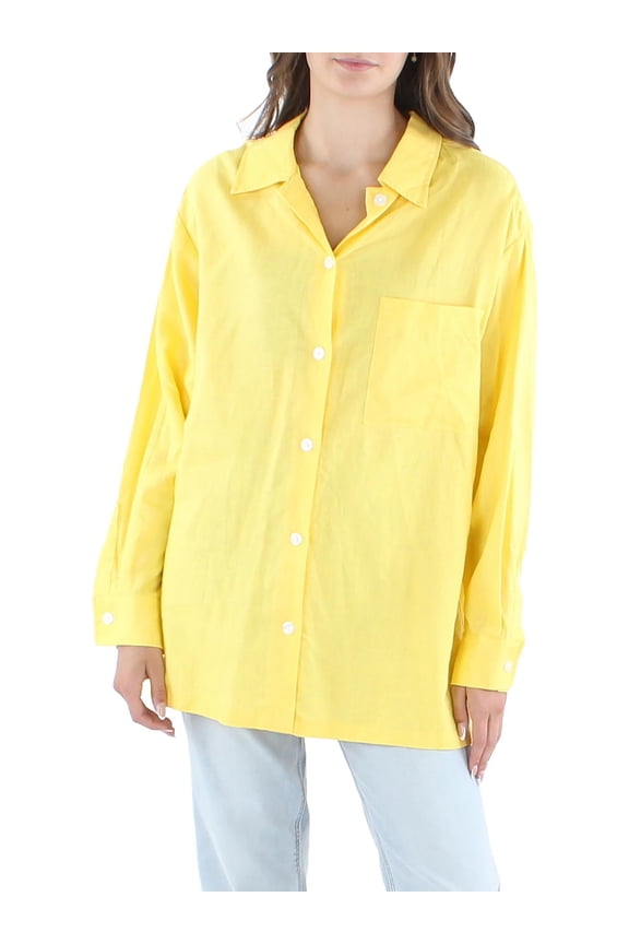 Womens Linen Point-Collar Button-Down Top