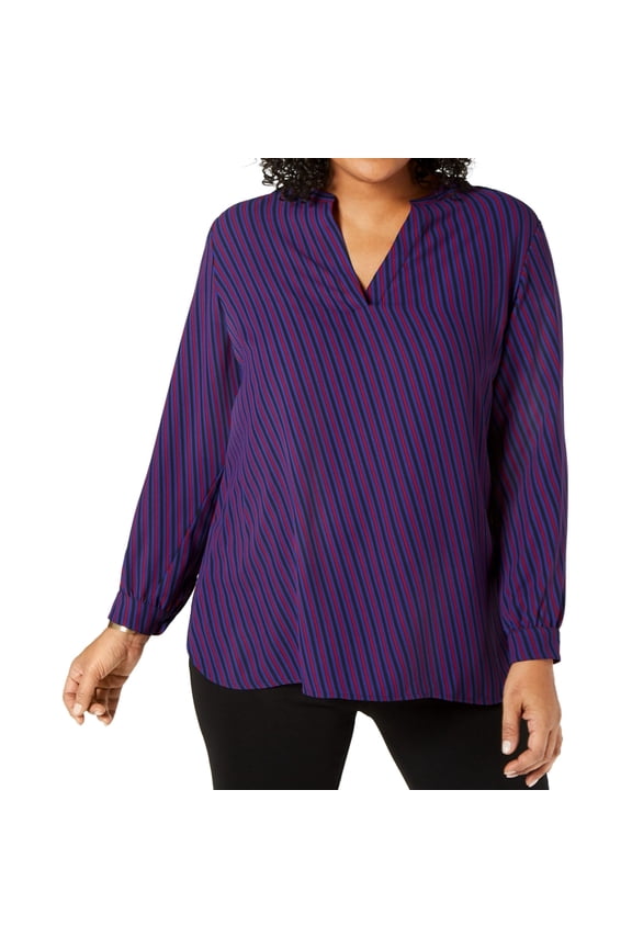 Womens Oblique Stripe Pullover Blouse, Blue, Plus Size, 0X
