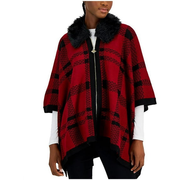 Anne Klein Womens Petites Knit Plaid Poncho Sweater