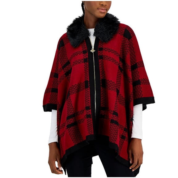 Anne Klein Womens Petites Knit Plaid Poncho Sweater