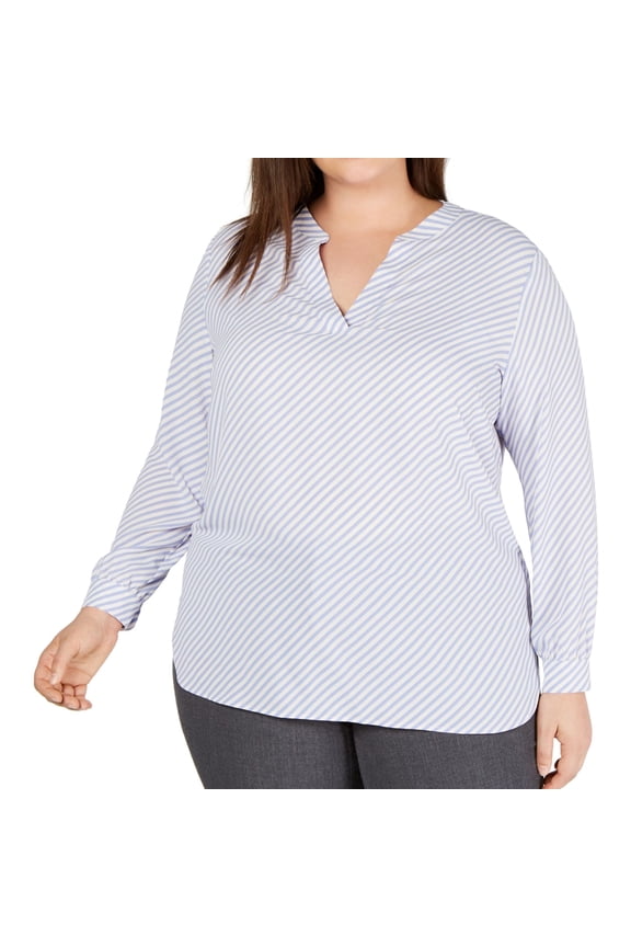 Womens Piazza Stripe Pullover Blouse, Blue, Plus Size, 0X