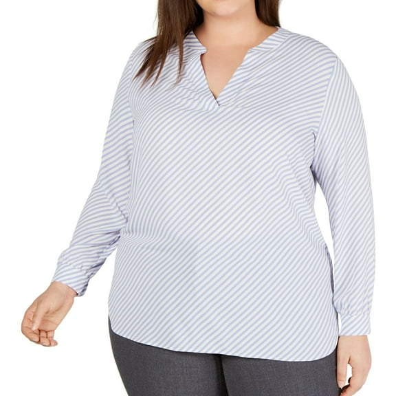 Anne Klein Womens Piazza Stripe Pullover Blouse, Blue, Plus Size, 0X