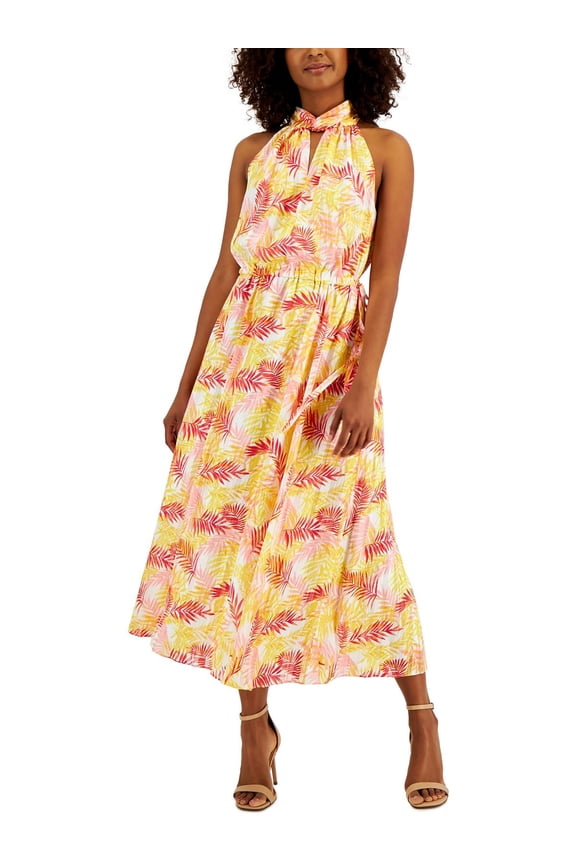 Womens Twist Neck Midi Dress Bright White Combo 12