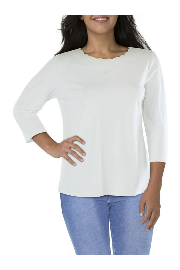 Womens Plus 3/4 Sleeve Scalloped Pullover Top Anne White 1X