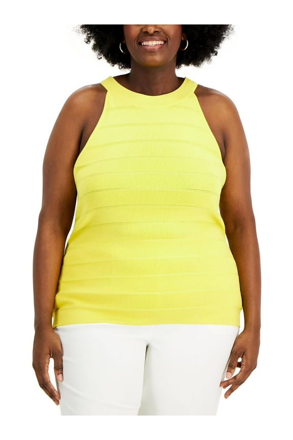 Plus Size Ribbed Sleeveless High Neck Sweater Bright Daffodil 0X