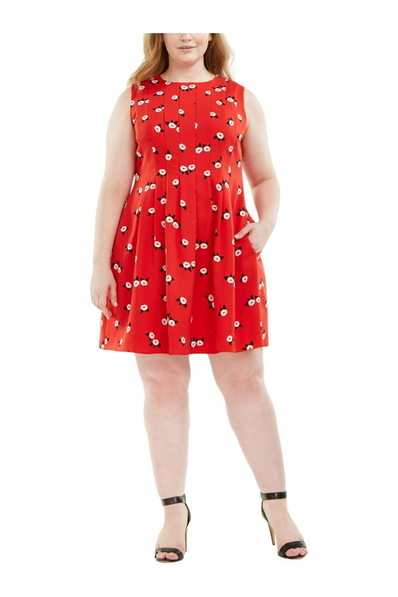 Womens Plus Chatterly Rose Pleated Scuba Dress Red 18W