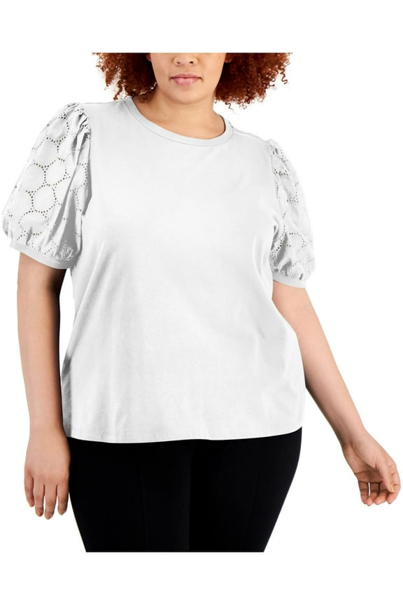 Womens Plus Eyelet Puff Sleeve Pullover Top