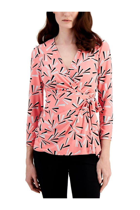 Womens Plus Fan Print Work Wear Wrap Top
