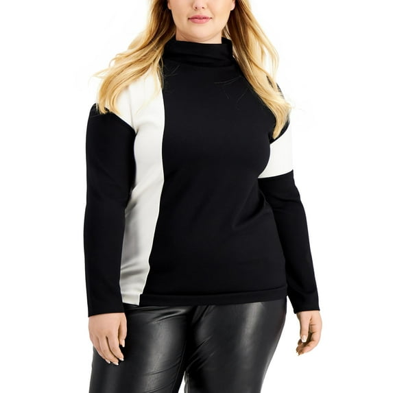 Anne Klein Womens Plus Mock Neck Colorblock Pullover Top