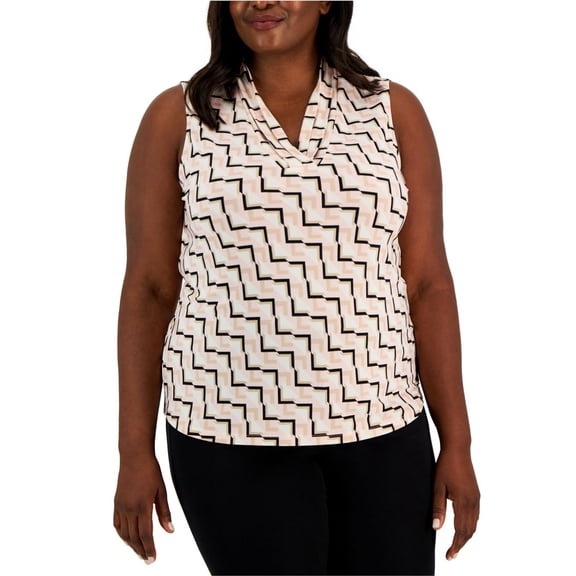 Anne Klein Womens Pleated Neck Sleeveless Blouse Top, Multicoloured, Plus Size, 1X