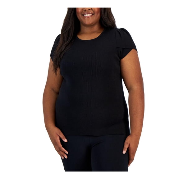 Anne Klein Womens Plus Ribbed Tulip Sleeves Pullover Top