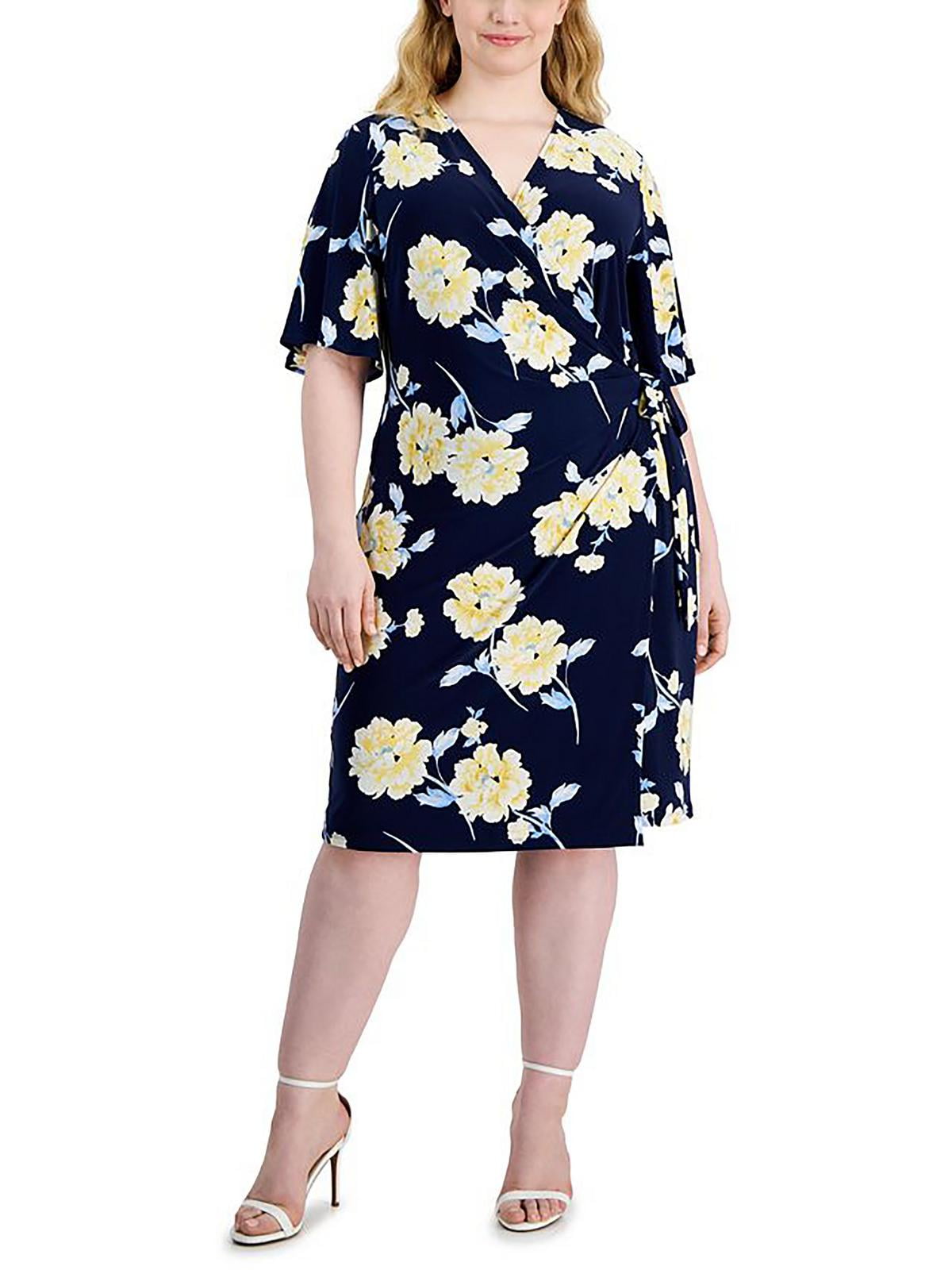 Anne Klein Womens Plus Side Tie V-Neck Wrap Dress