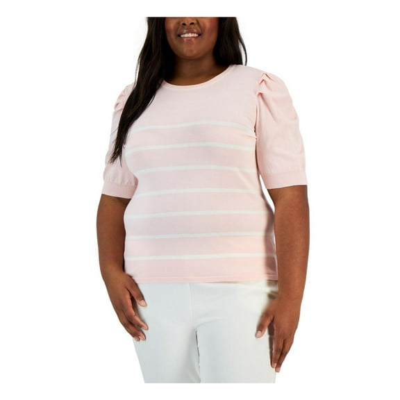 Anne Klein Womens Plus Striped Puff Sleeves Pullover Top