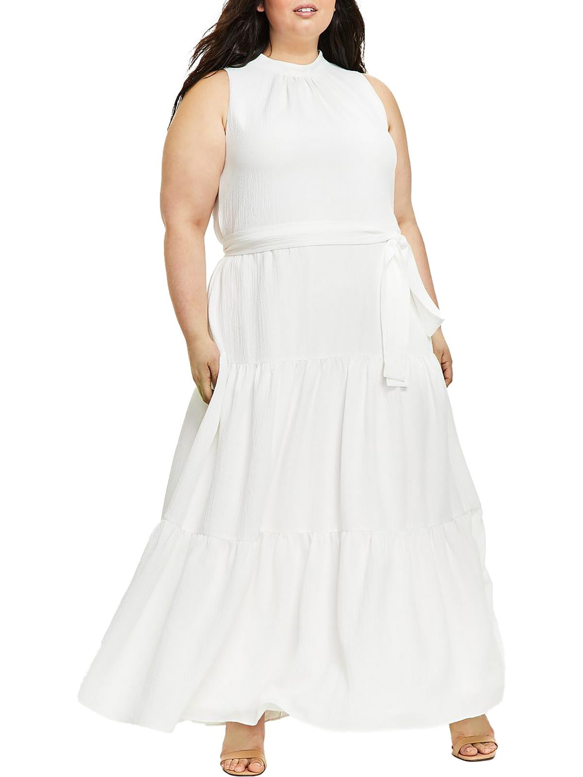 Anne Klein Womens Plus Tiered Sleeveless Maxi Dress White 18w