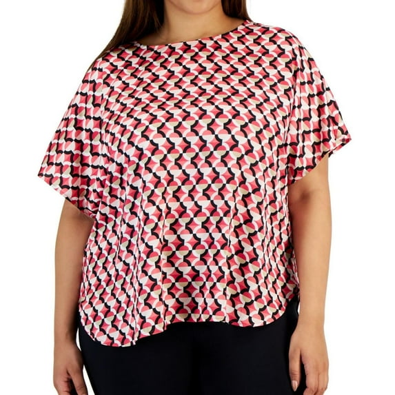 Anne Klein Womens Printed Knit Blouse, Pink, Plus Size, 0X