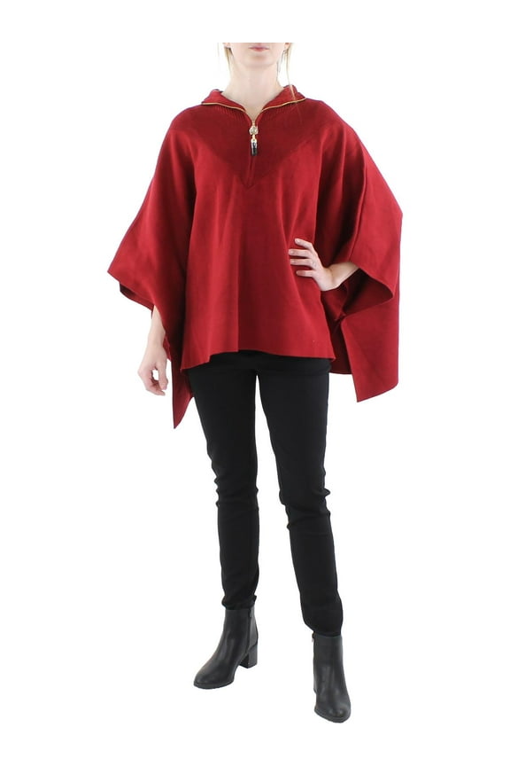 Womens Ribbed Trim Tunic Poncho Sweater Titan Red 34X16