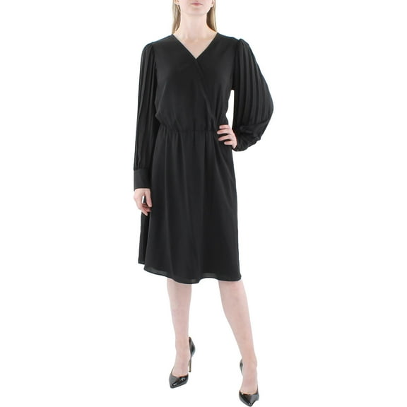 Anne Klein Womens V-Neck Pleated-Long-Sleeve Dress Black S
