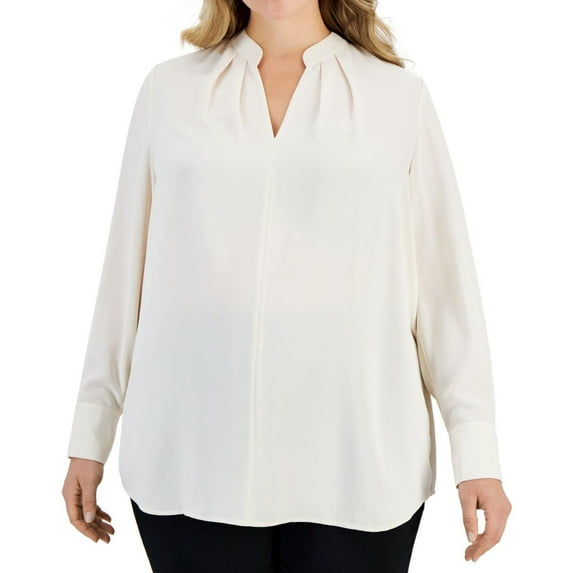 Anne Klein Womens Solid Basic T-Shirt, Beige, Plus Size, 1X